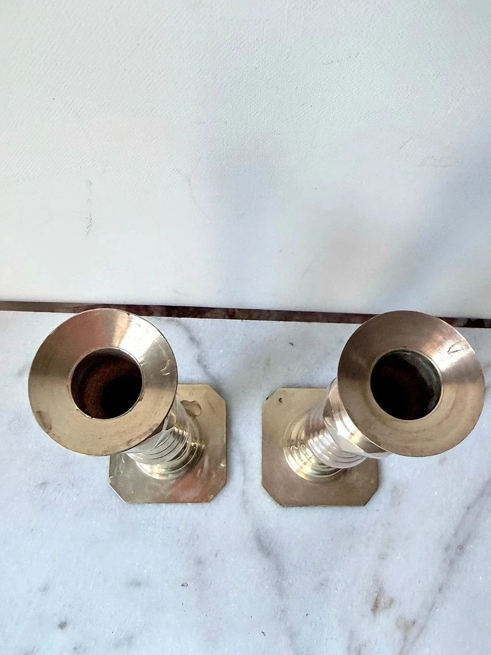 Vintage Brass Diamond Facet Boho Candlesticks Set of Two